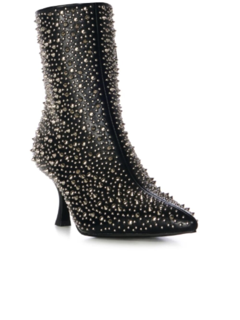 Black Studded Pointed-Toe Mid-Calf Heel Boot